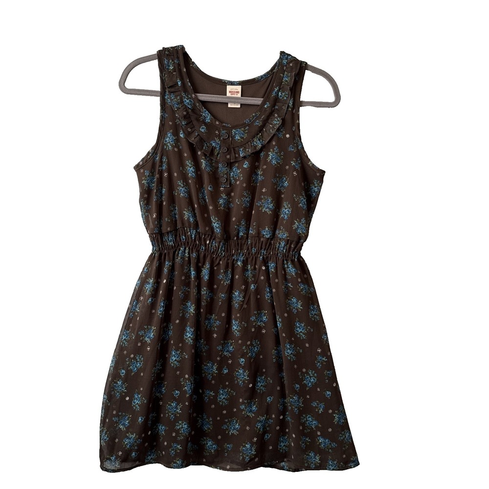 Mossimo Brown Blue Floral Sheer Lined Sleeveless Ruffle Dress S Cottagecore Boho